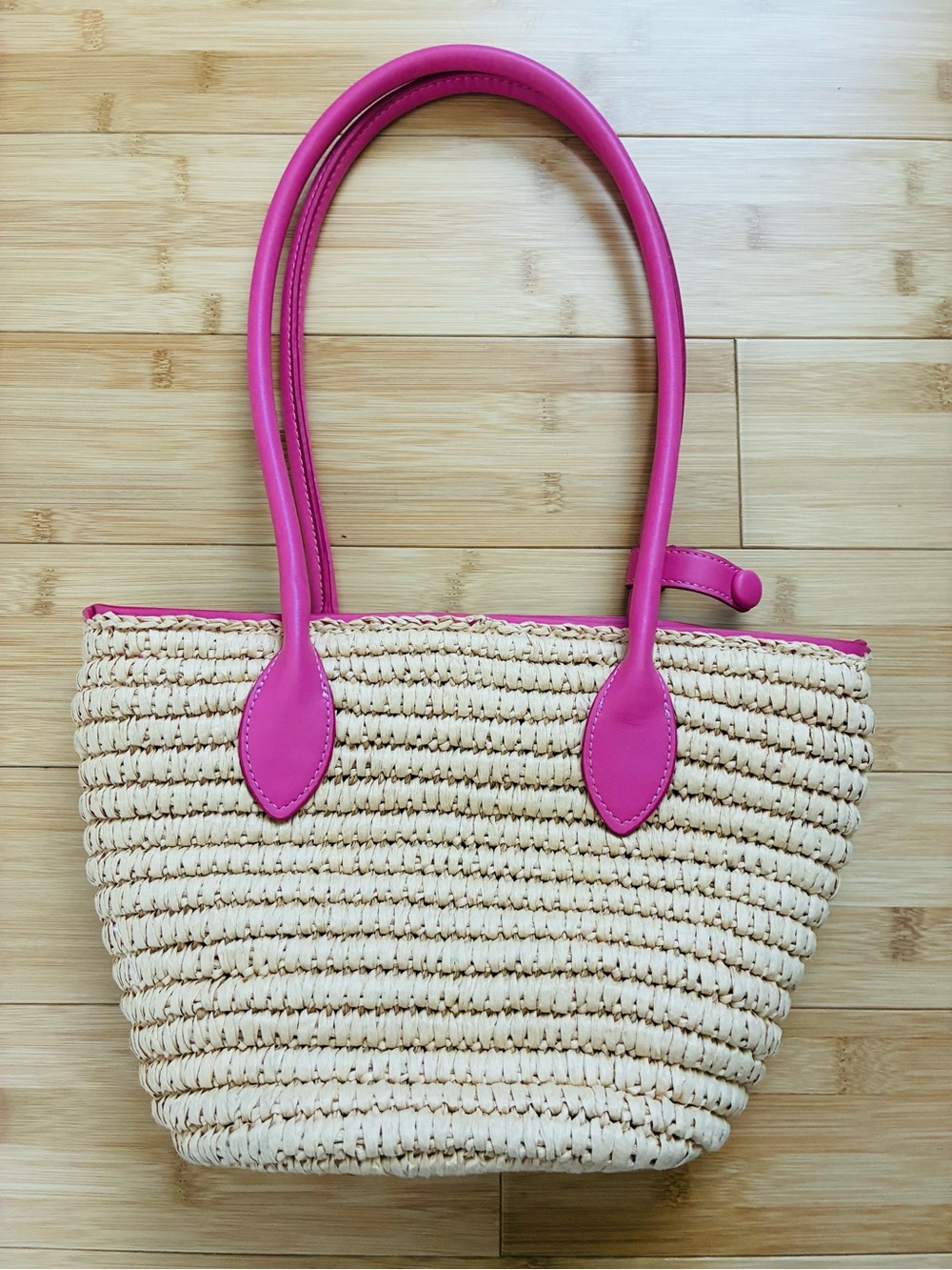 Mango Small Straw Tote with Hot Pink Trim